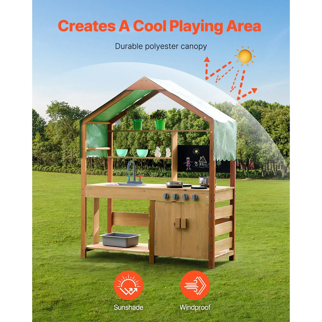 Wooden Outdoor Mud Kitchen Kids Playset with Canopy & Accessories