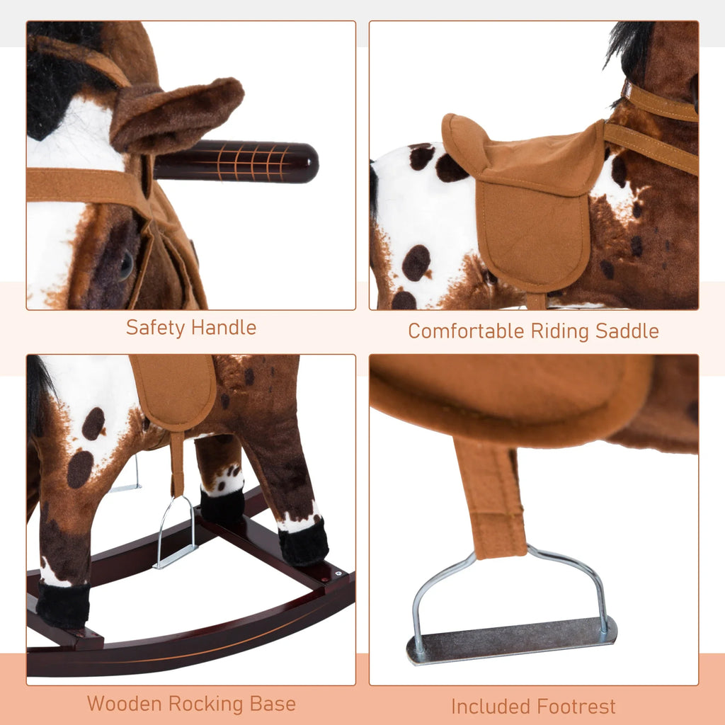 Kids Plush Rocking Horse Toy with Sound & Wooden Base - Ages 3+