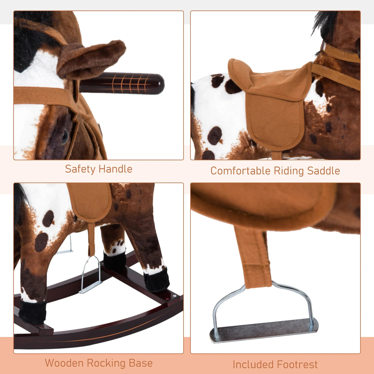 Kids Plush Rocking Horse Toy with Sound & Wooden Base - Ages 3+