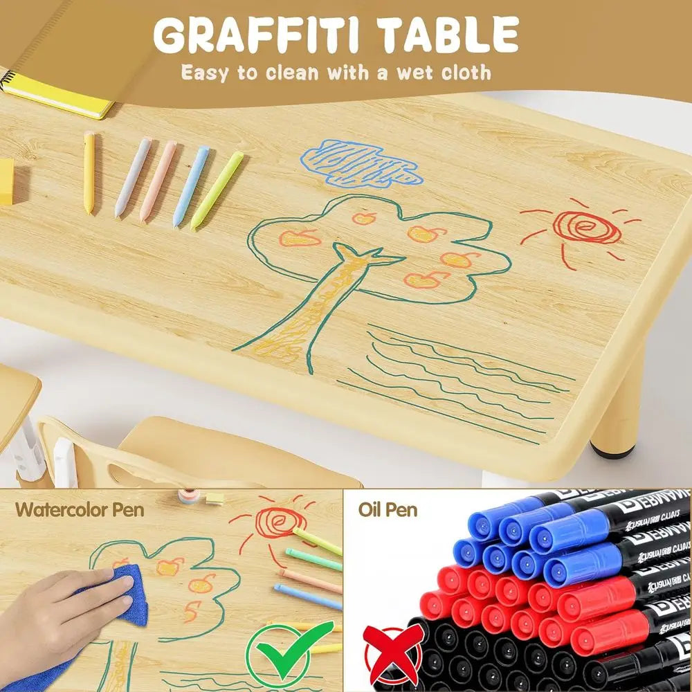 Kids Table and 4 Chairs Set, Adjustable Height HDPE Toddler Activity Desk