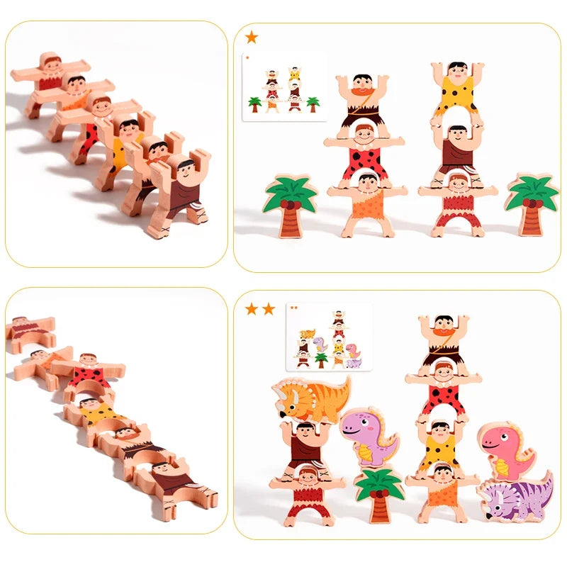 Wooden Dinosaur Stacking Blocks - Montessori Balance Game for Kids